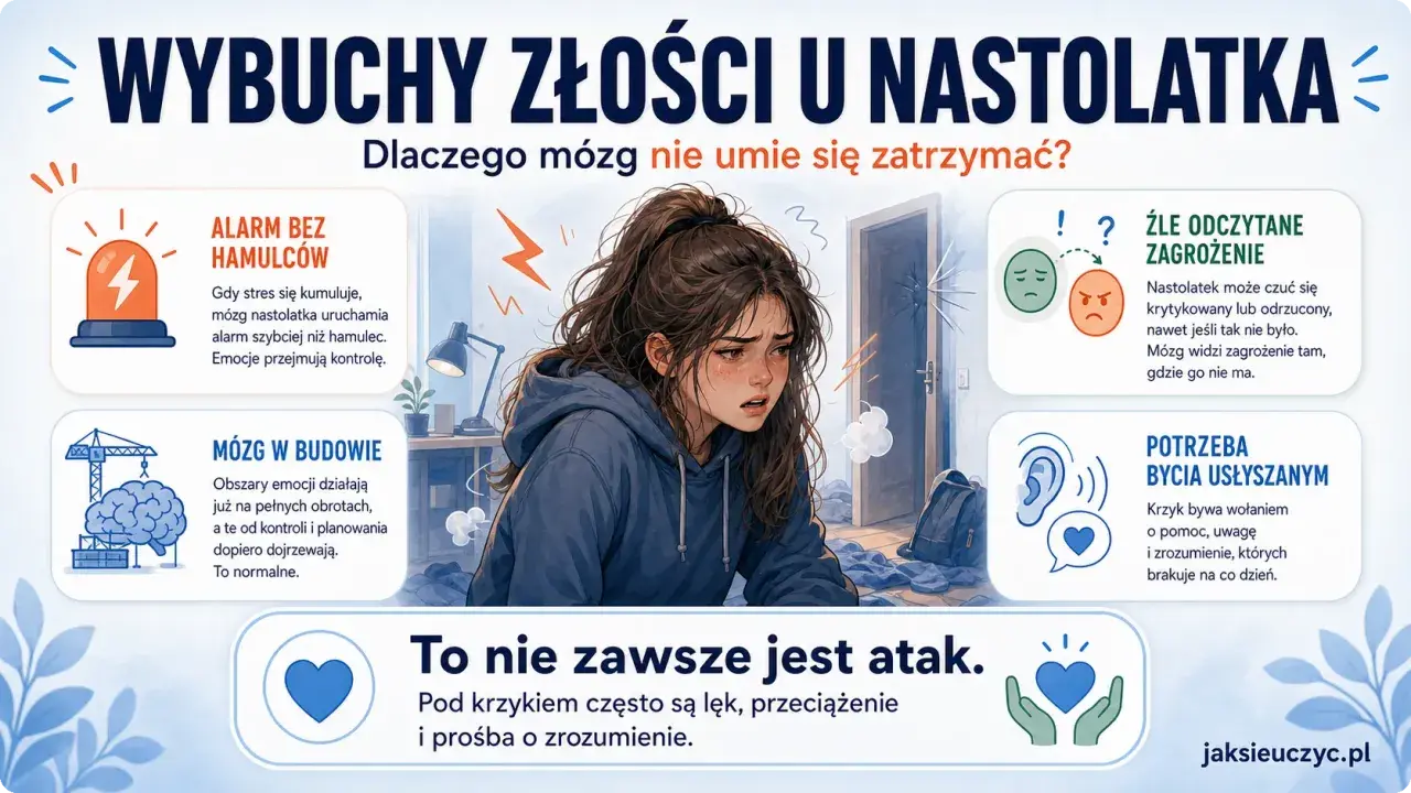 Dziewczyna w histerii, z byle powodu, bo mózg nastolatka uruchamia alarm szybciej niż hamulec. Emocje przejmują kontrolę.