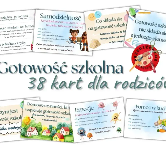 Zestaw 38 kart z prostymi zadaniami do wykonania dla dzieci, wspierającymi gotowość szkolną.