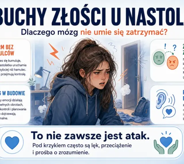 Dziewczyna w histerii, z byle powodu, bo mózg nastolatka uruchamia alarm szybciej niż hamulec. Emocje przejmują kontrolę.