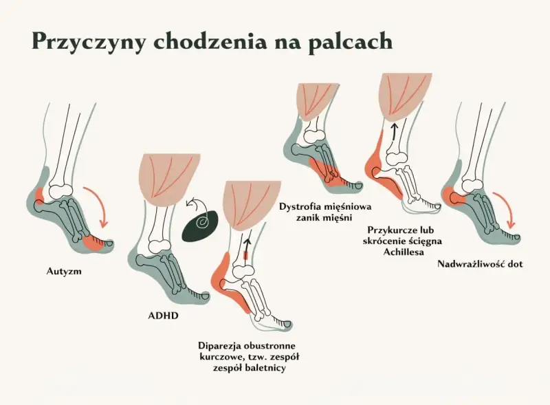Ilustracja pokazuje przyczyny chodzenia na palcach, w tym autyzm, ADHD, dystrofię mięśniową, przykurcze ścięgna Achillesa i nadwrażliwość dotykową.