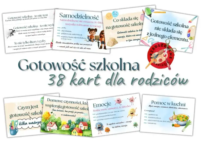 Zestaw 38 kart z prostymi zadaniami do wykonania dla dzieci, wspierającymi gotowość szkolną.