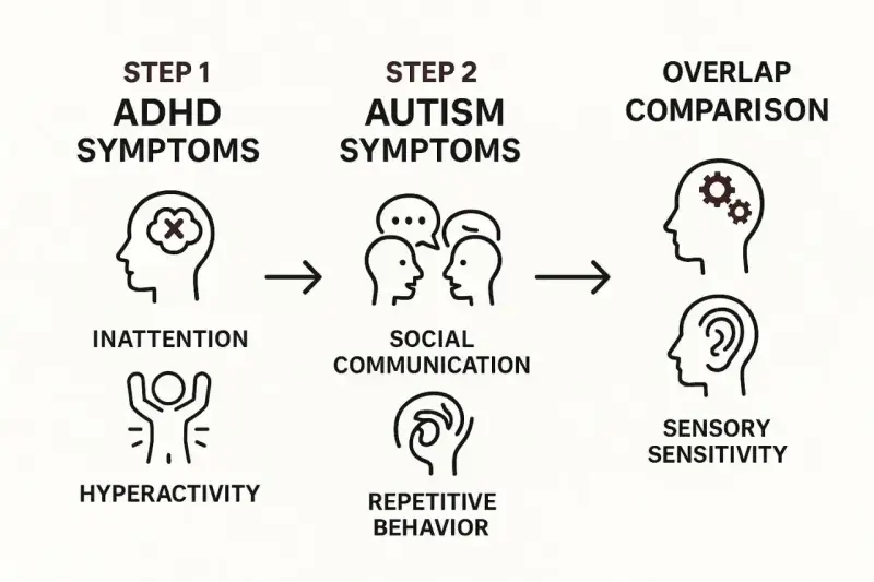 Porównanie objawów ADHD (nieuważność, nadpobudliwość) i autyzmu (komunikacja społeczna, powtarzalne zachowania) z obszarami nakładania się.