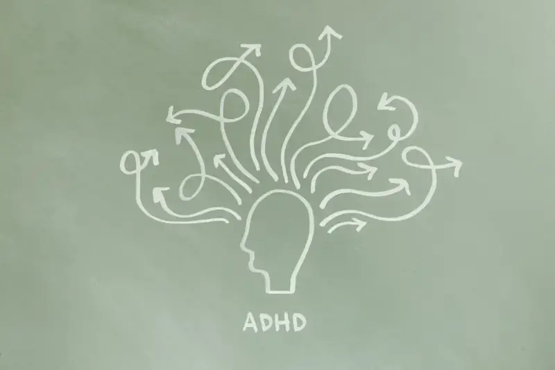 Ilustracja przedstawia głowę z mnóstwem strzałek wychodzących z niej we wszystkich kierunkach, symbolizującą ADHD typ mieszany i natłok myśli.